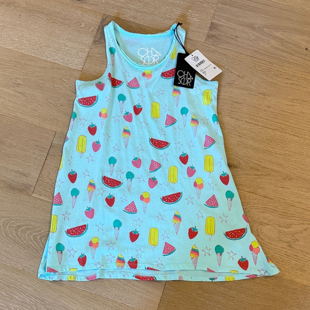 NWT Chaser Aqua Girls Sleeveless Dress with Colorful Summer Foods Print size 8